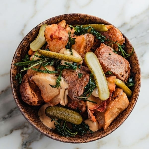 Overhead view of a bowl of roasted potatoes, pickles, greens, and a creamy sauce.
