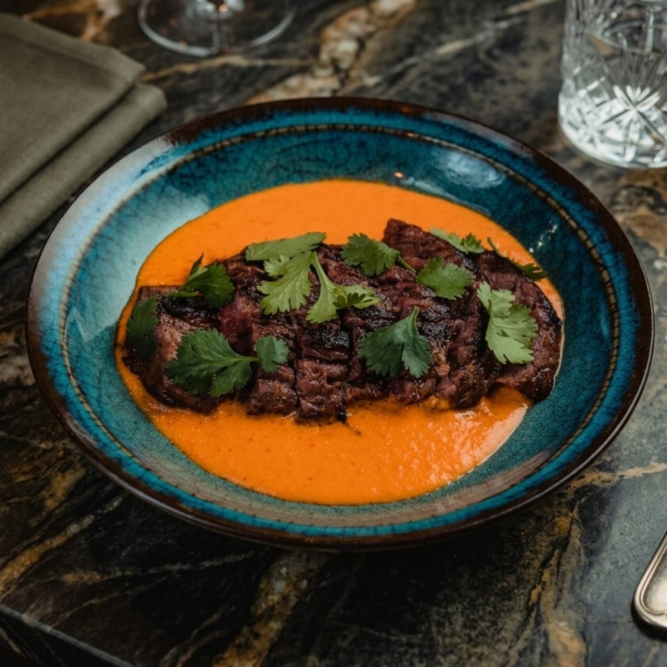 Grilled meat slices in a vibrant orange sauce, garnished with fresh cilantro in a blue bowl.