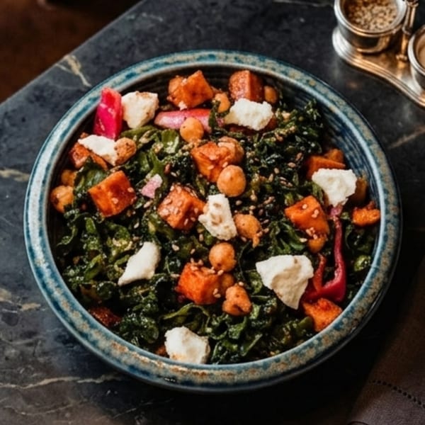 A vibrant salad with dark greens, roasted sweet potatoes, chickpeas, and feta cheese in a blue bowl.